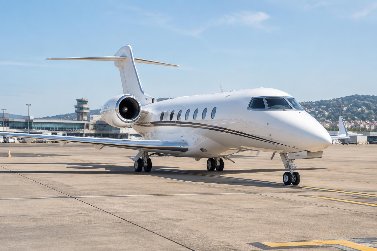 Avion privé en journée sur le tarmac de l'aéroport de Nice Côte d'Azur, transfert aéroport Safe Limousine