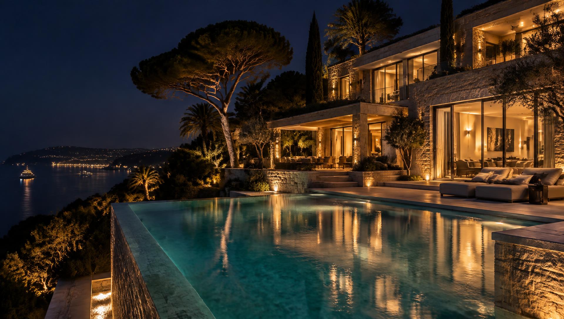 Villa de luxe illuminée la nuit sur la Côte d'Azur