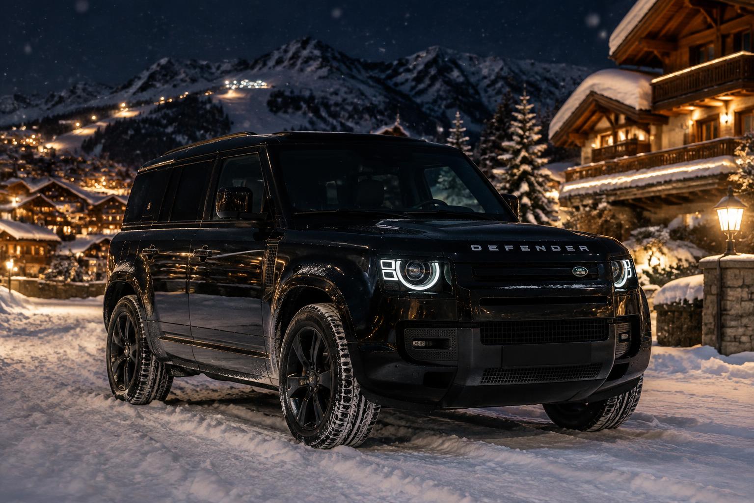 Range Rover Defender noir Safe Limousine en station de ski la nuit