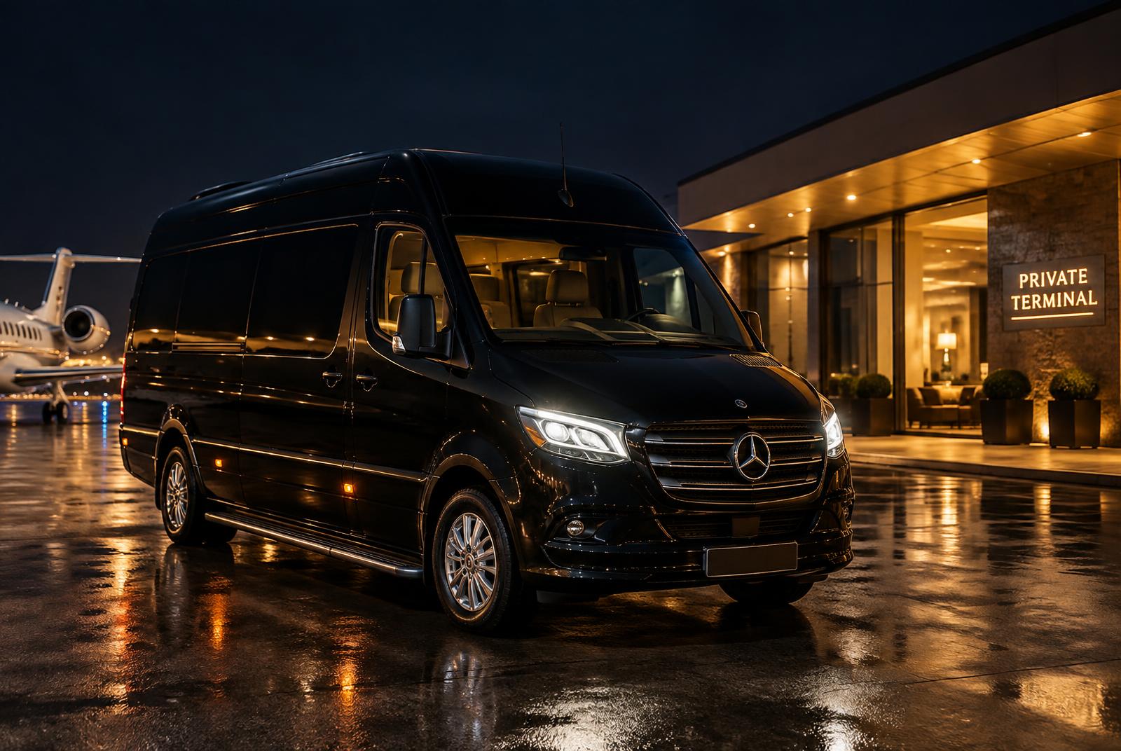 Mercedes Sprinter VIP noir Safe Limousine de nuit sur la Riviera