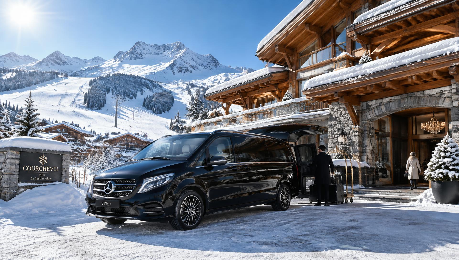 Van Mercedes noir devant un chalet de luxe enneigé à Courchevel, transfert hiver Safe Limousine